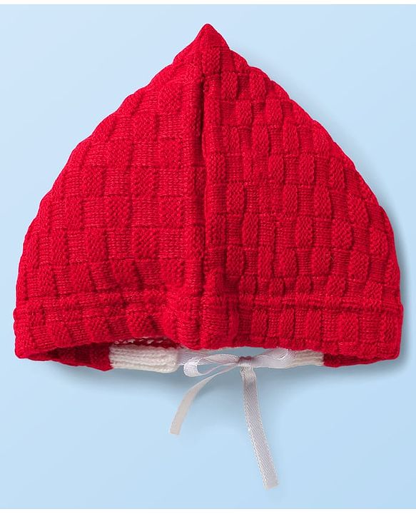 Babyhug Knit Full Sleeves Color Block Front Open Sweater Set with Cap & Booties - Red & White