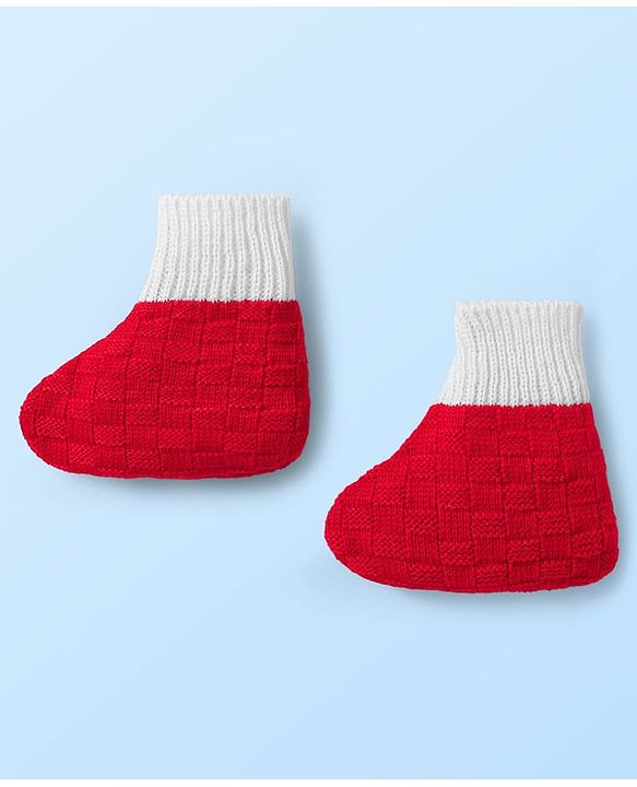 Babyhug Knit Full Sleeves Color Block Front Open Sweater Set with Cap & Booties - Red & White