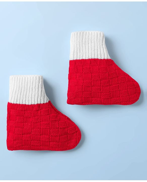 Babyhug Knit Full Sleeves Color Block Front Open Sweater Set with Cap & Booties - Red & White