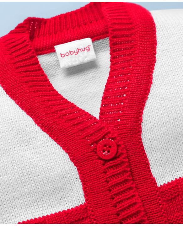 Babyhug Knit Full Sleeves Color Block Front Open Sweater Set with Cap & Booties - Red & White