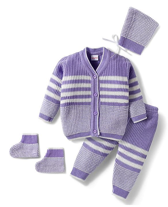 Babyhug Knitted Full Sleeves Striped Sweater Set With Cap & Booties - Lavender