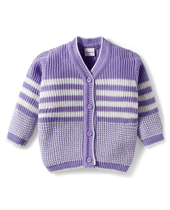 Babyhug Knitted Full Sleeves Striped Sweater Set With Cap & Booties - Lavender