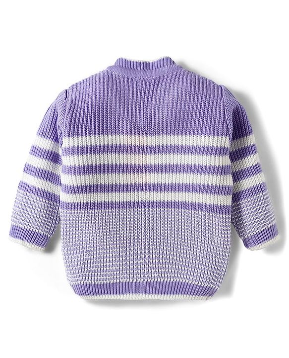 Babyhug Knitted Full Sleeves Striped Sweater Set With Cap & Booties - Lavender