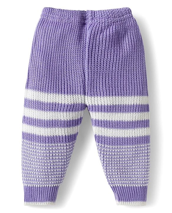 Babyhug Knitted Full Sleeves Striped Sweater Set With Cap & Booties - Lavender