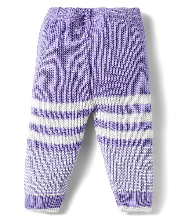 Babyhug Knitted Full Sleeves Striped Sweater Set With Cap & Booties - Lavender