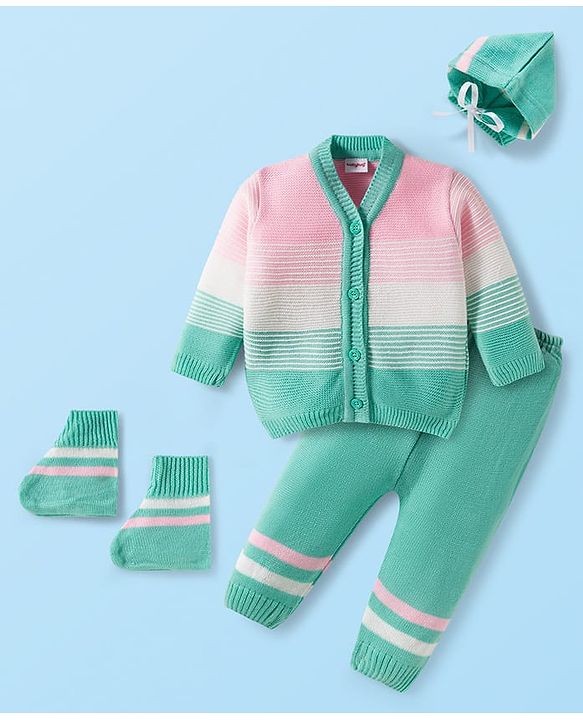 Babyhug Knit Full Sleeves Front Open Sweater Set with Stripes & Cap & Booties - Mint & Pink