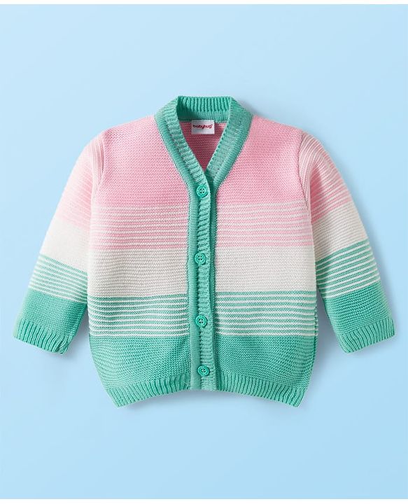 Babyhug Knit Full Sleeves Front Open Sweater Set with Stripes & Cap & Booties - Mint & Pink