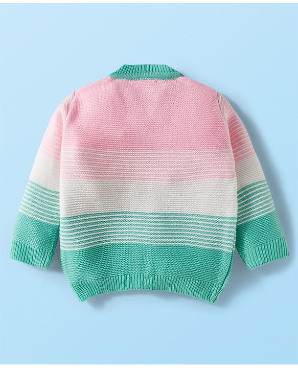 Babyhug Knit Full Sleeves Front Open Sweater Set with Stripes & Cap & Booties - Mint & Pink