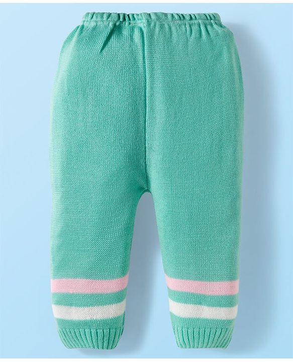 Babyhug Knit Full Sleeves Front Open Sweater Set with Stripes & Cap & Booties - Mint & Pink