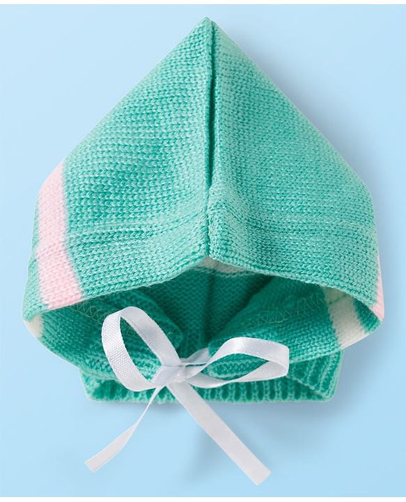 Babyhug Knit Full Sleeves Front Open Sweater Set with Stripes & Cap & Booties - Mint & Pink
