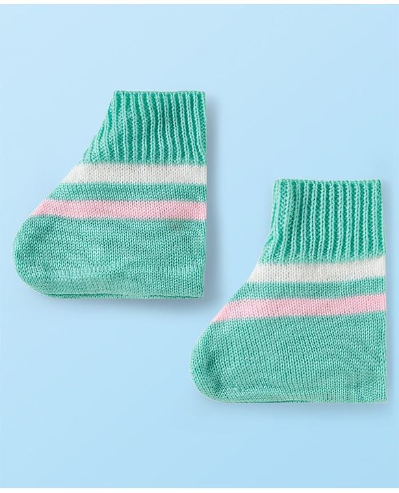Babyhug Knit Full Sleeves Front Open Sweater Set with Stripes & Cap & Booties - Mint & Pink