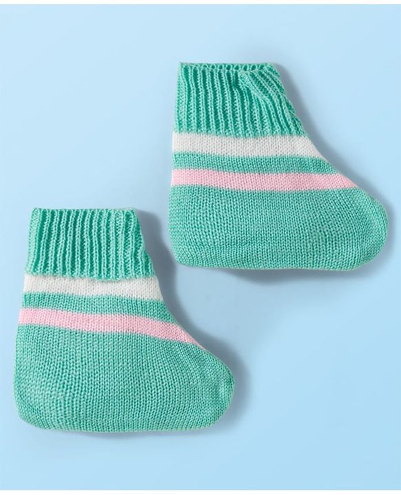 Babyhug Knit Full Sleeves Front Open Sweater Set with Stripes & Cap & Booties - Mint & Pink