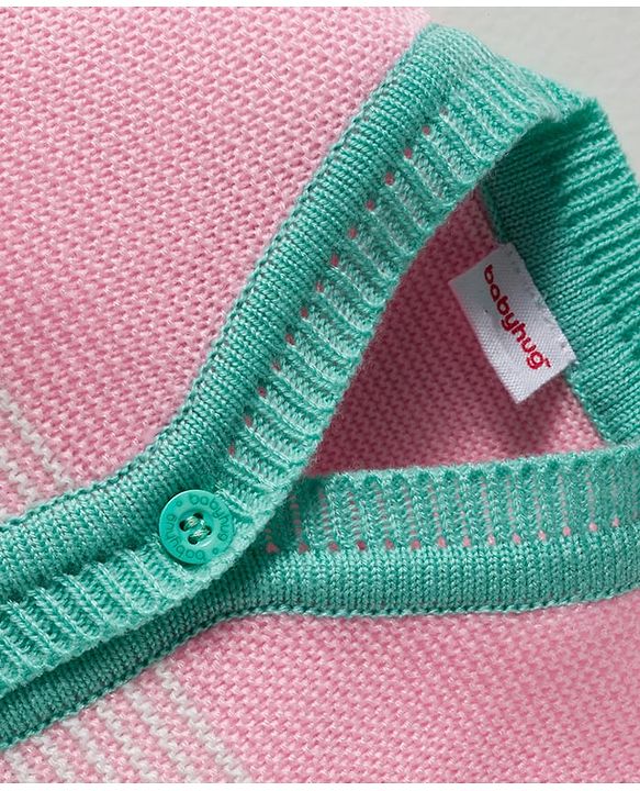 Babyhug Knit Full Sleeves Front Open Sweater Set with Stripes & Cap & Booties - Mint & Pink