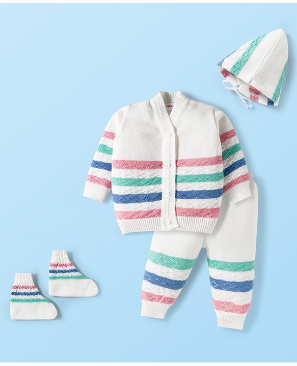 Babyhug Knit Full Sleeves Front Open Sweater Set with Stripes & Cap & Booties - White