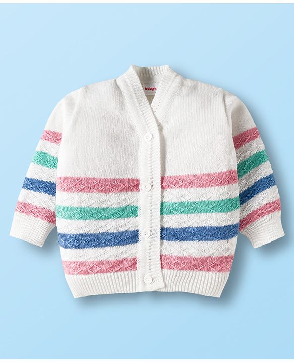Babyhug Knit Full Sleeves Front Open Sweater Set with Stripes & Cap & Booties - White