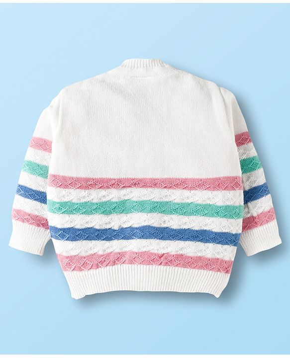 Babyhug Knit Full Sleeves Front Open Sweater Set with Stripes & Cap & Booties - White