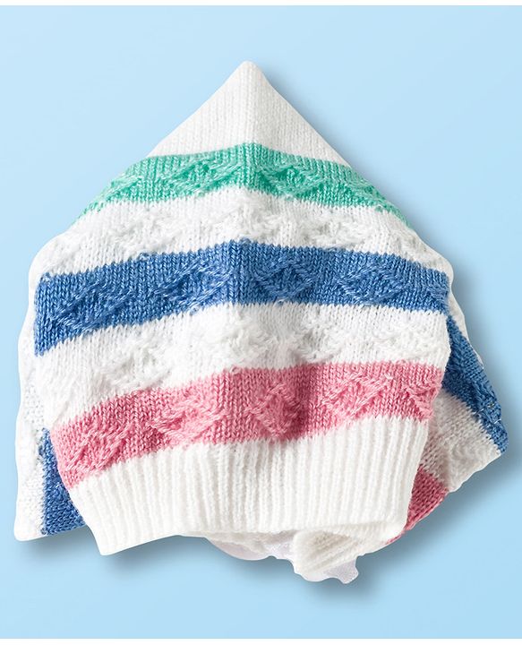 Babyhug Knit Full Sleeves Front Open Sweater Set with Stripes & Cap & Booties - White