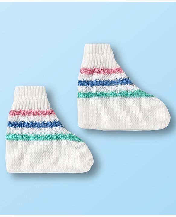 Babyhug Knit Full Sleeves Front Open Sweater Set with Stripes & Cap & Booties - White