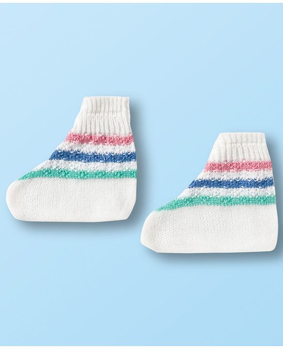 Babyhug Knit Full Sleeves Front Open Sweater Set with Stripes & Cap & Booties - White