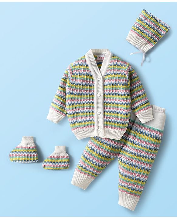 Babyhug Knit Full Sleeves Front Open Sweater & Pant Set with Cap with Knot & Booties with Cable Knit Design - Multicolor