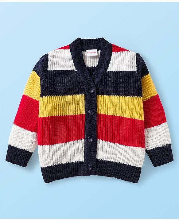 Babyhug Knit Full Sleeves Front Open Sweater Set with Stripes & Cap & Booties - White & Navy Blue