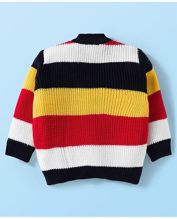Babyhug Knit Full Sleeves Front Open Sweater Set with Stripes & Cap & Booties - White & Navy Blue