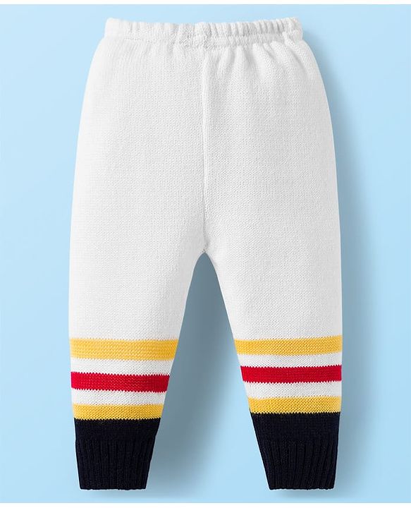 Babyhug Knit Full Sleeves Front Open Sweater Set with Stripes & Cap & Booties - White & Navy Blue