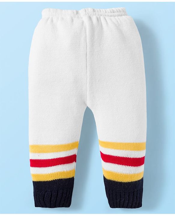 Babyhug Knit Full Sleeves Front Open Sweater Set with Stripes & Cap & Booties - White & Navy Blue