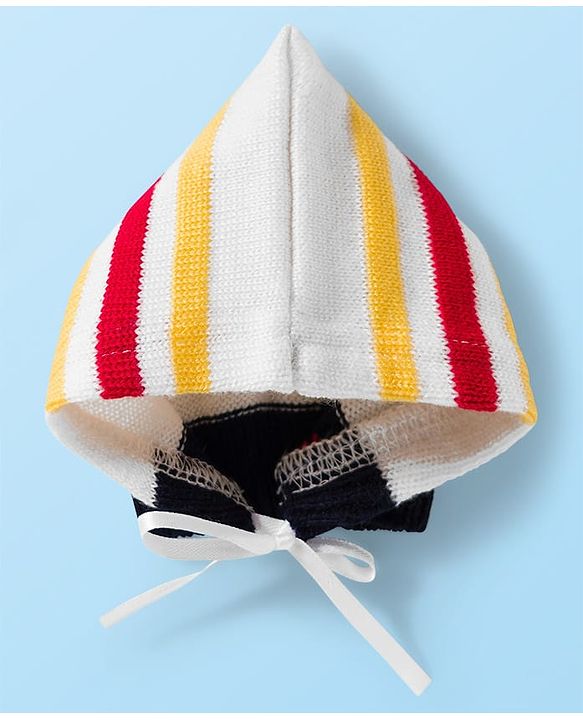 Babyhug Knit Full Sleeves Front Open Sweater Set with Stripes & Cap & Booties - White & Navy Blue