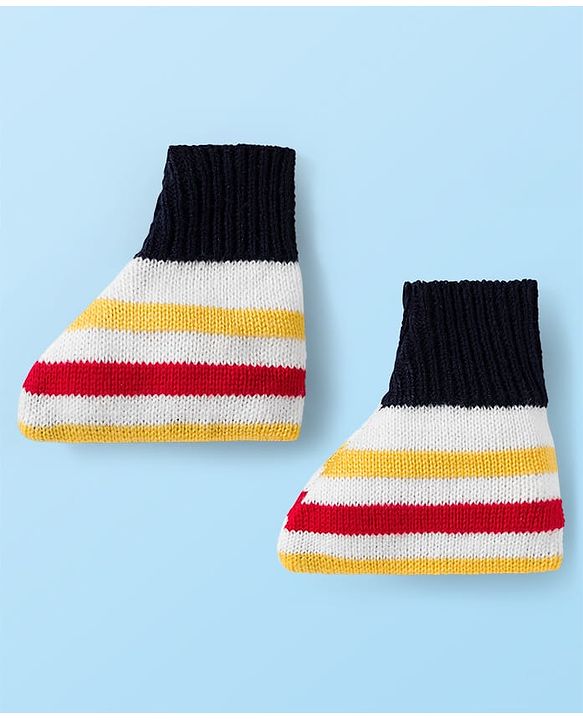 Babyhug Knit Full Sleeves Front Open Sweater Set with Stripes & Cap & Booties - White & Navy Blue