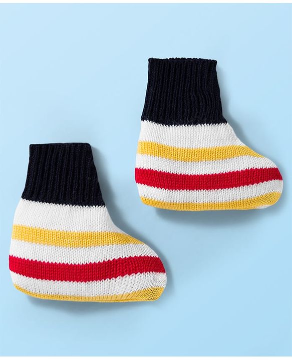 Babyhug Knit Full Sleeves Front Open Sweater Set with Stripes & Cap & Booties - White & Navy Blue