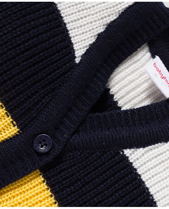 Babyhug Knit Full Sleeves Front Open Sweater Set with Stripes & Cap & Booties - White & Navy Blue
