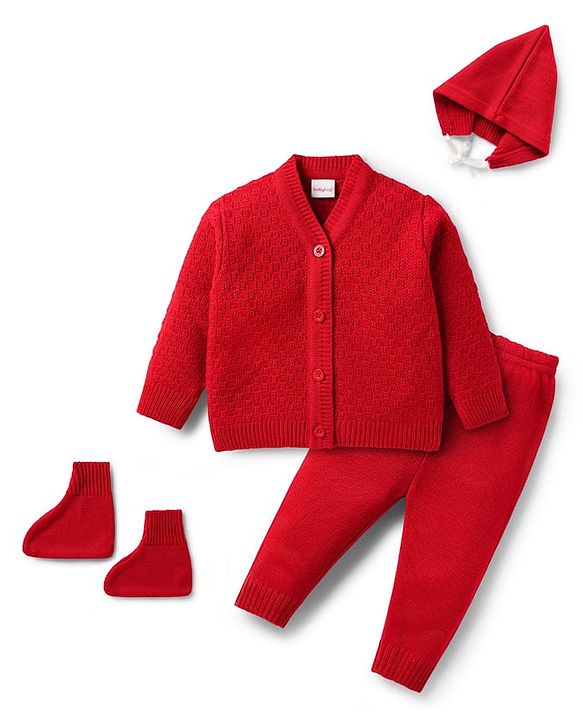 Babyhug Knit Full Sleeves Front Open Sweater Set with Cap & Booties - Red