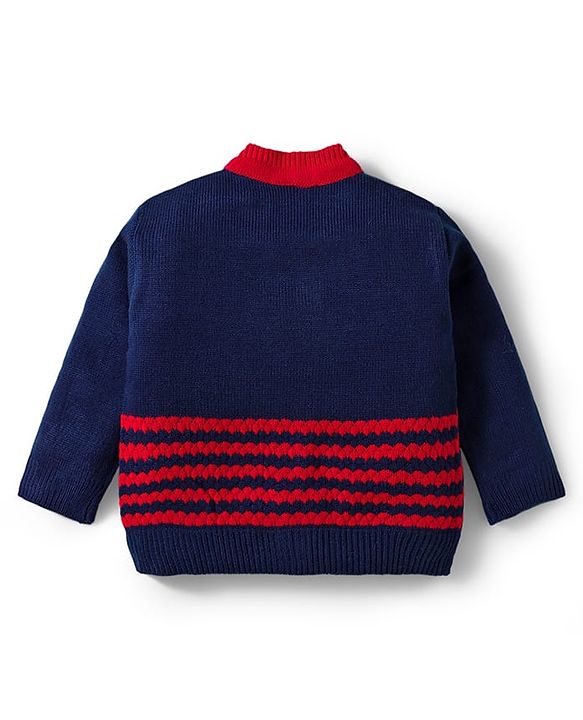 Babyhug Knitted Full Sleeves Striped Sweater Set With Cap & Booties - Red & Navy Blue
