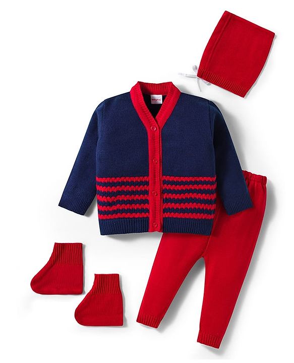 Babyhug Knitted Full Sleeves Striped Sweater Set With Cap & Booties - Red & Navy Blue