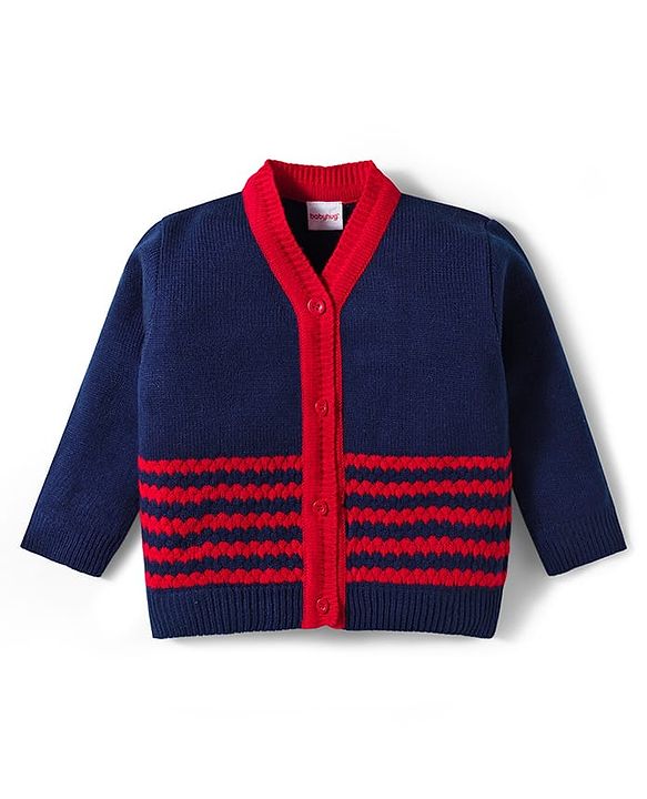 Babyhug Knitted Full Sleeves Striped Sweater Set With Cap & Booties - Red & Navy Blue