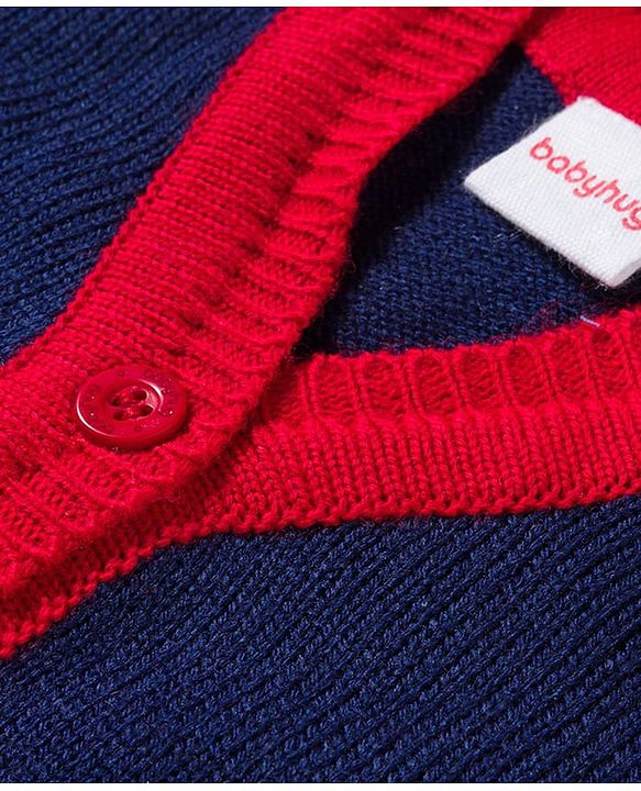 Babyhug Knitted Full Sleeves Striped Sweater Set With Cap & Booties - Red & Navy Blue