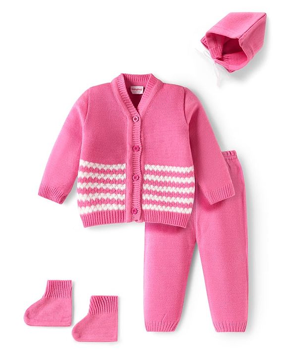 Babyhug Knit Full Sleeves Front Open Shell Designed Sweater Set With Cap & Booties  - Pink & White