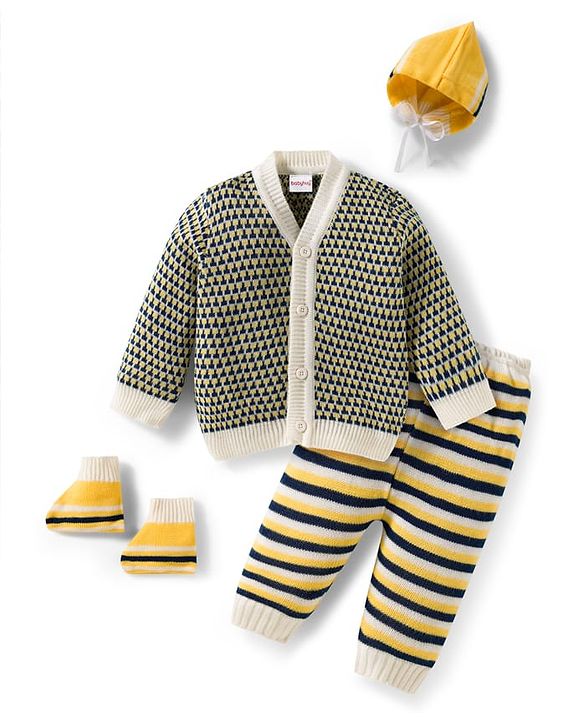 Babyhug Knit Full Sleeves Front Open Sweater Set with Stripes & Cap & Booties - Yellow White & Beige