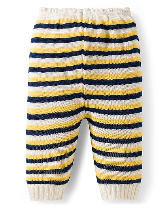 Babyhug Knit Full Sleeves Front Open Sweater Set with Stripes & Cap & Booties - Yellow White & Beige