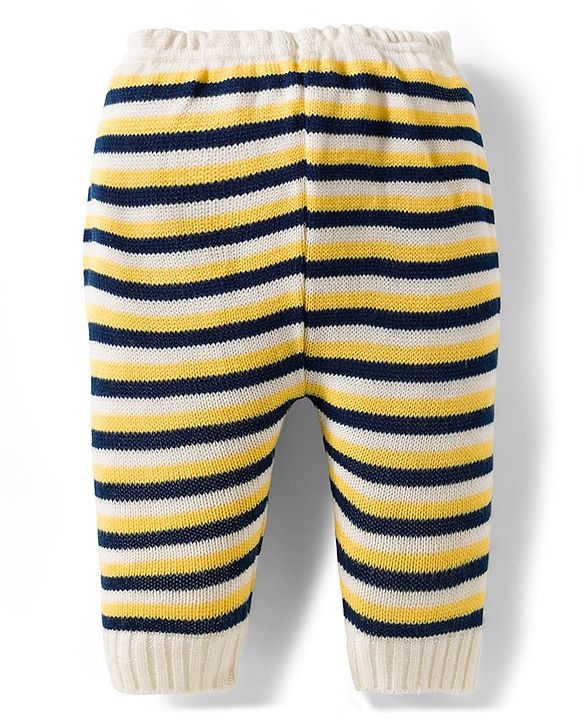 Babyhug Knit Full Sleeves Front Open Sweater Set with Stripes & Cap & Booties - Yellow White & Beige