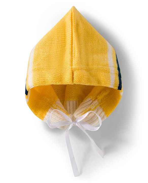 Babyhug Knit Full Sleeves Front Open Sweater Set with Stripes & Cap & Booties - Yellow White & Beige