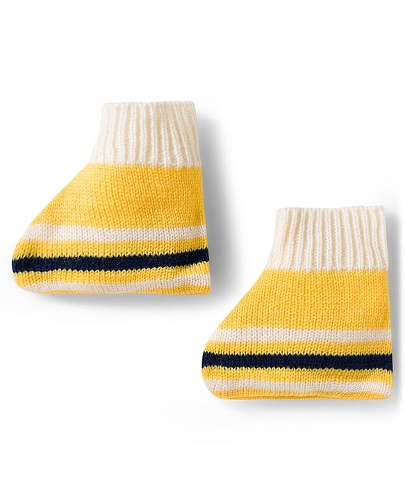 Babyhug Knit Full Sleeves Front Open Sweater Set with Stripes & Cap & Booties - Yellow White & Beige