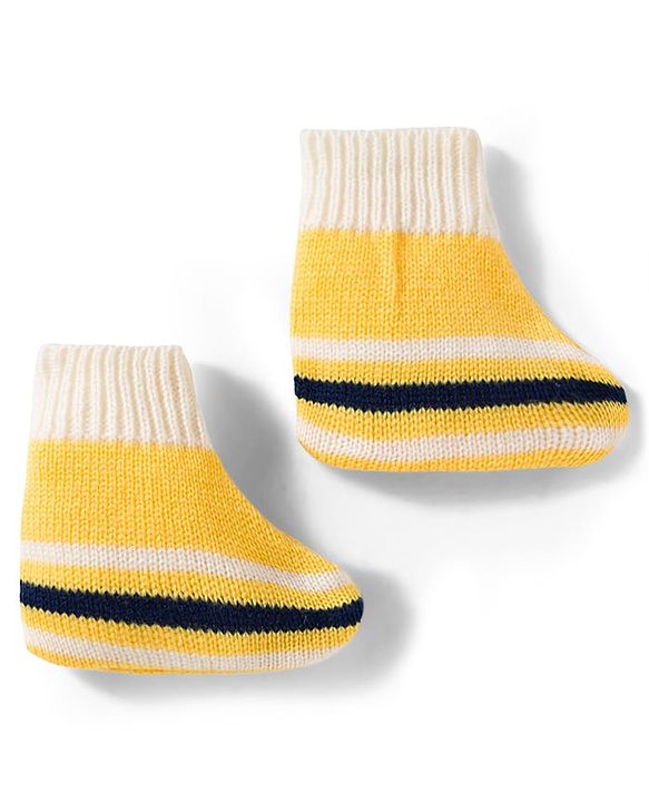 Babyhug Knit Full Sleeves Front Open Sweater Set with Stripes & Cap & Booties - Yellow White & Beige