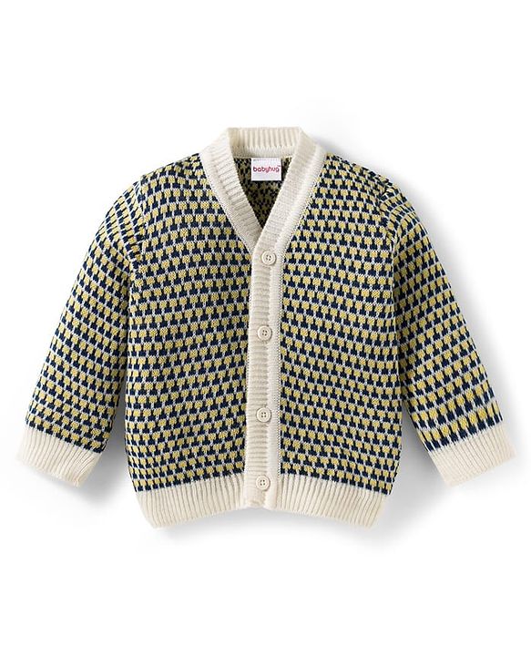 Babyhug Knit Full Sleeves Front Open Sweater Set with Stripes & Cap & Booties - Yellow White & Beige