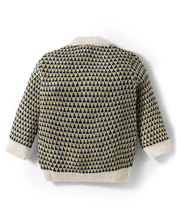 Babyhug Knit Full Sleeves Front Open Sweater Set with Stripes & Cap & Booties - Yellow White & Beige