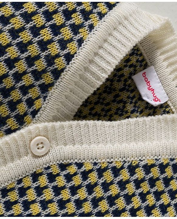 Babyhug Knit Full Sleeves Front Open Sweater Set with Stripes & Cap & Booties - Yellow White & Beige