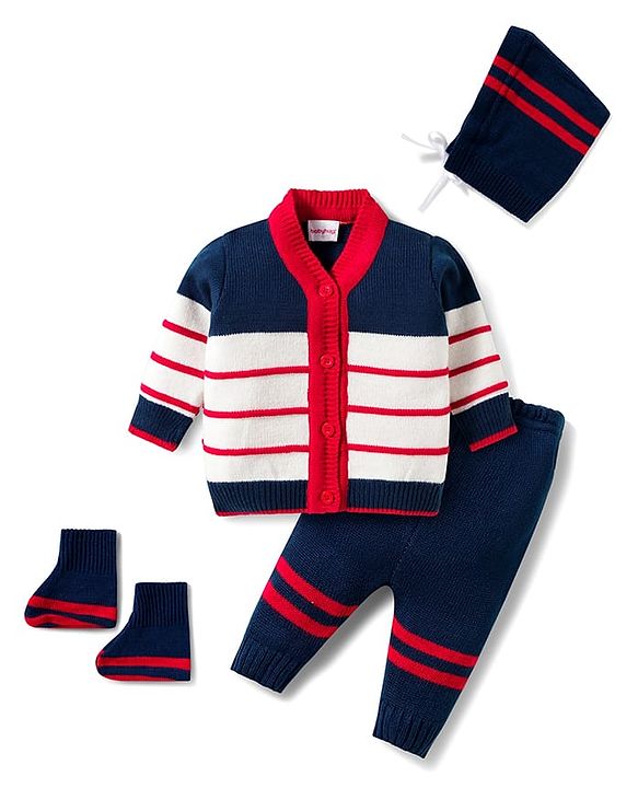Babyhug Knitted Full Sleeves Striped Sweater Set With Cap & Booties - Navy Blue Red & White