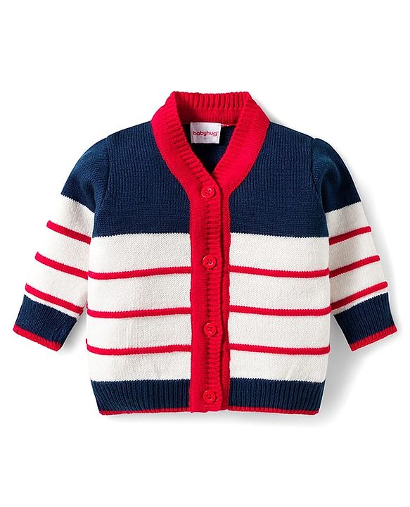 Babyhug Knitted Full Sleeves Striped Sweater Set With Cap & Booties - Navy Blue Red & White