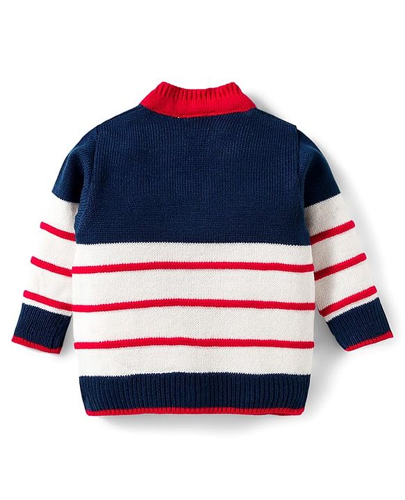 Babyhug Knitted Full Sleeves Striped Sweater Set With Cap & Booties - Navy Blue Red & White